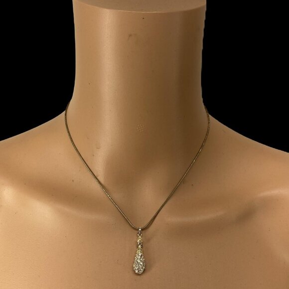 TEARDROP NECKLACE -- Faux Diamond, Teardrop Shape (360 Degr, Not Flat) Gold Tone - Picture 1 of 5